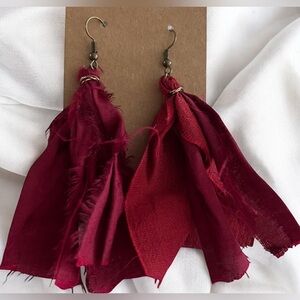 Red Sari Silk Ribbon Tassel Earrings 3”